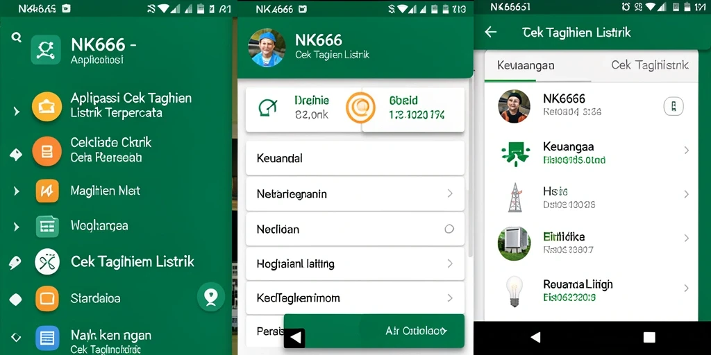 Screenshot antarmuka NK666 menampilkan fitur cek tagihan listrik yang lengkap.