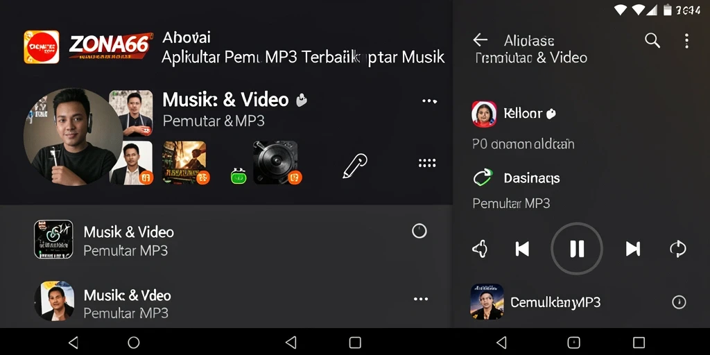 Tampilan antarmuka ZONA66 yang menarik dan sederhana untuk Pemutar MP3.